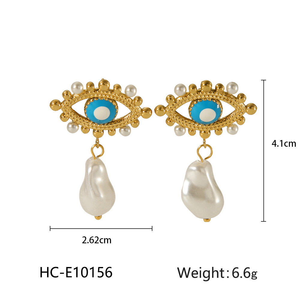 Ins Style Geometric Evil Eye Drop Oil Earrings 18K Gold Plated Stainless Steel with Pearl for Women