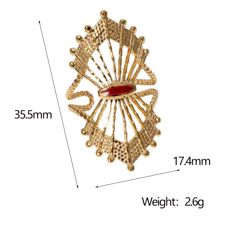 Vintage Geometric Fan-Shaped Hollow Stainless Steel Adjustable Open Ring for Women with Gold Plating