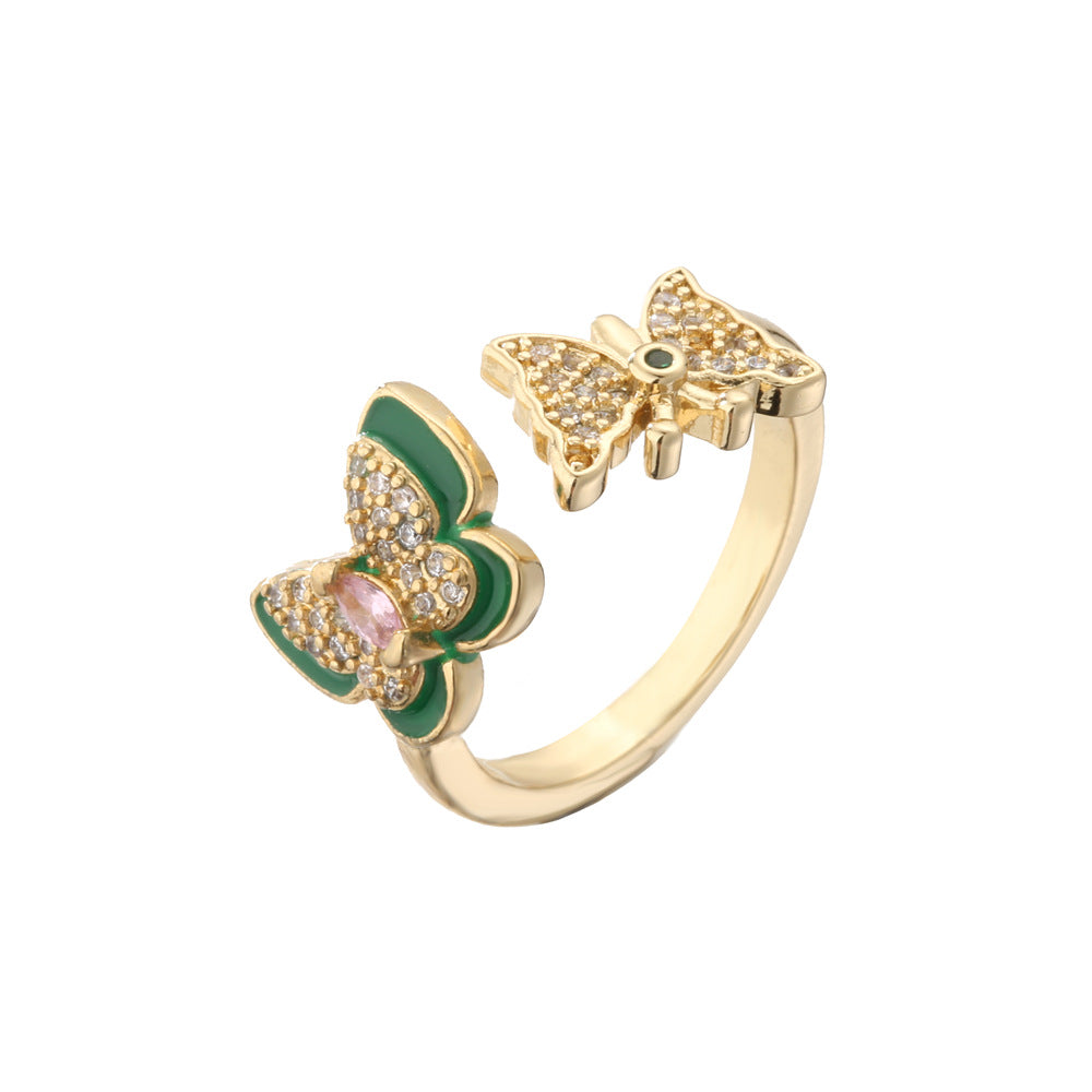 Anello a farfalla aperto stile naturale in rame placcato oro 18K con zirconi micro-incastonati