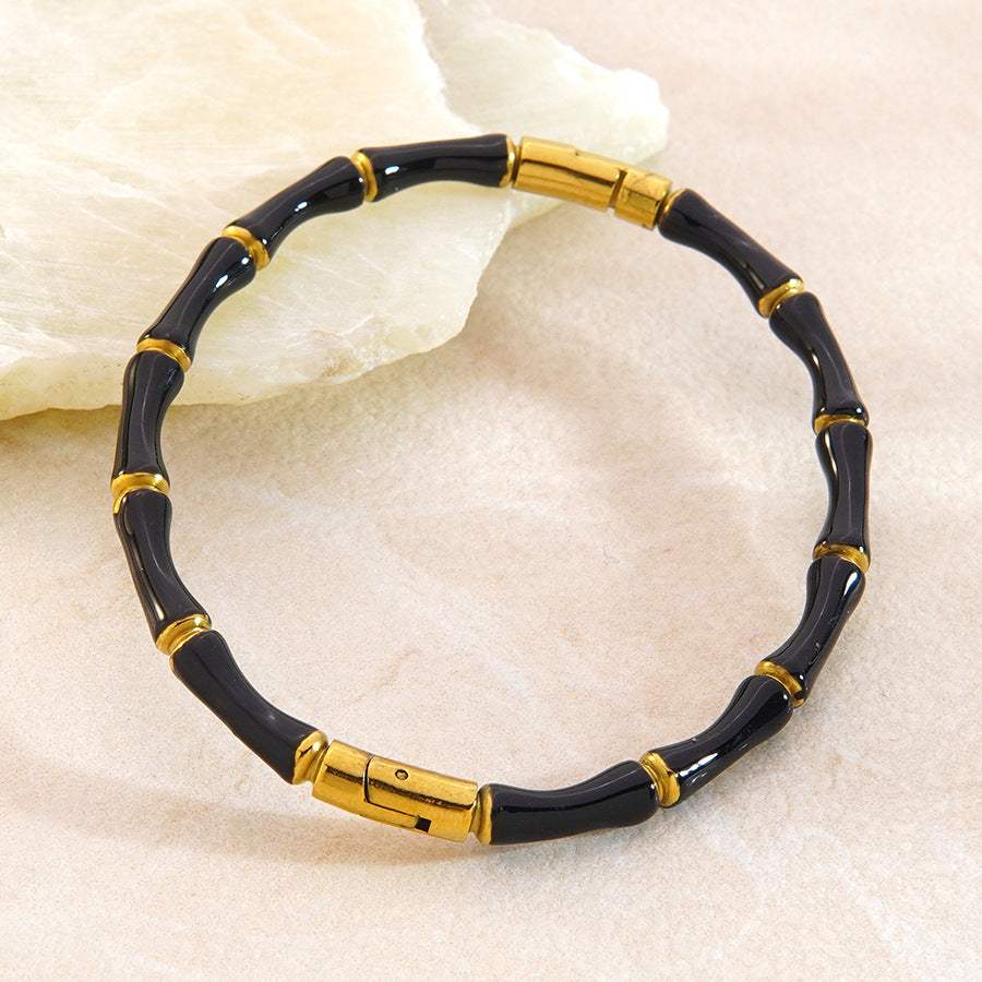 Bracciale in acciaio inossidabile placcato oro 18 carati con bambù, stile casual di moda, con goccia d'olio