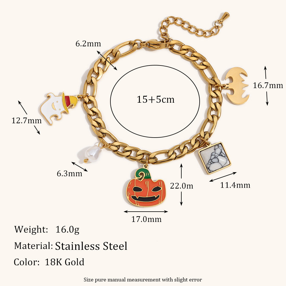 Bracciale da donna con ciondoli a zucca e pipistrello a tema Halloween, alla moda, in acciaio inossidabile con placcatura in oro 18 carati