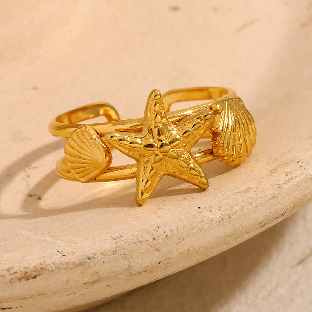 Anillo de Acero Inoxidable en Forma de Estrella con Baño de Oro de 18K para Mujer, Joyería Inspirada en el Océano con Motivos de Estrellas y Conchas