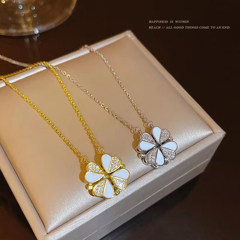 Minimalist Heart and Clover Pendant Necklace for Women in Titanium Steel with Rhinestone Inlay on O-Chain