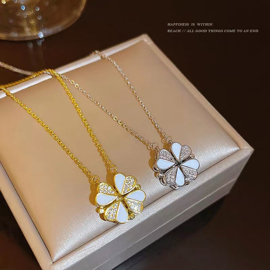 Minimalist Heart and Clover Pendant Necklace for Women in Titanium Steel with Rhinestone Inlay on O-Chain