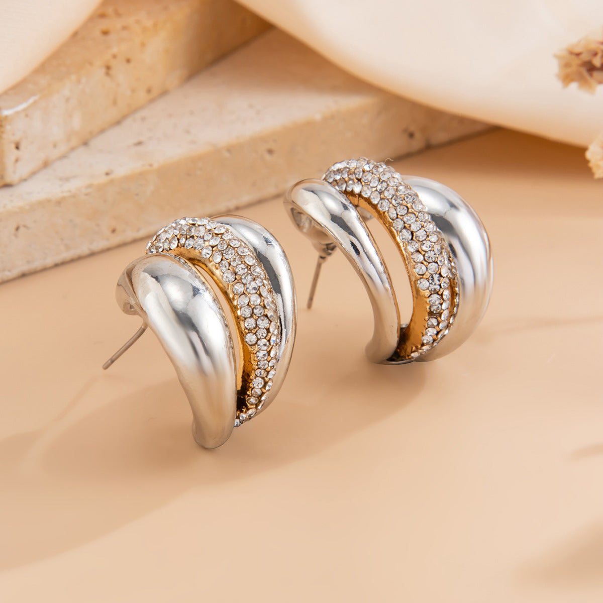 Luxury Geometric C-Shape Zinc Alloy Plated Rhinestone Stud Earrings for Women