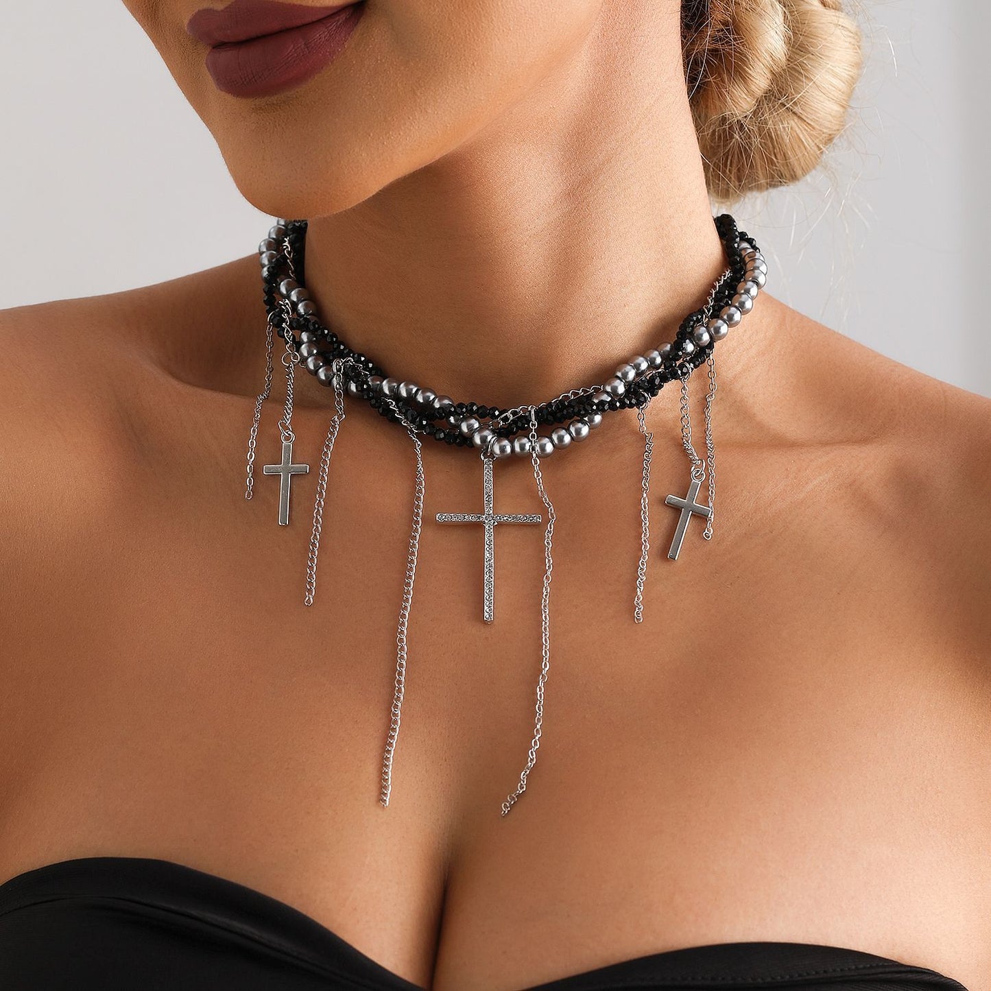 Fashionable Cross Pendant Necklace with Tassel and Glass Beads on Delicate Alloy Locket Chain for Women
