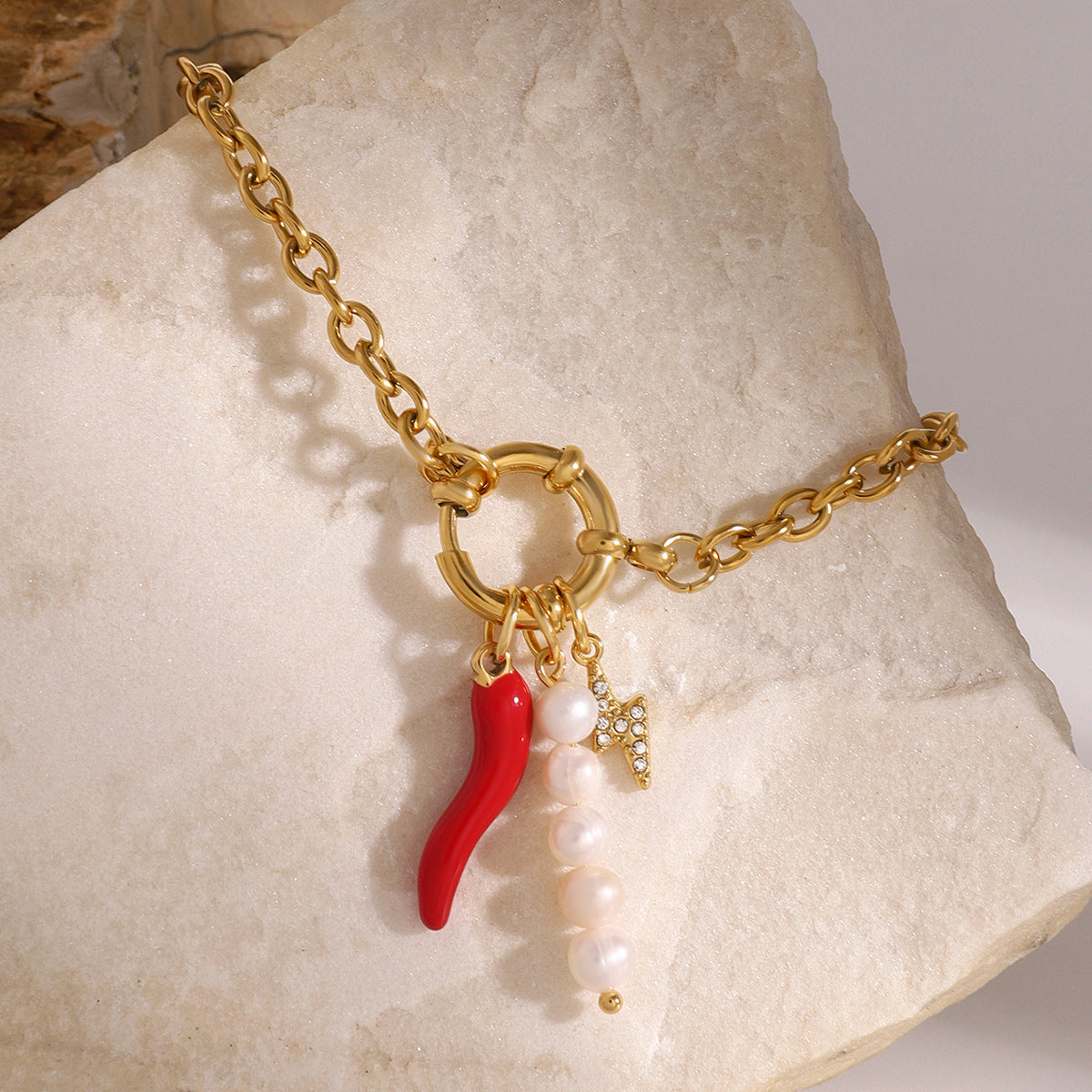 Bracciale da donna Ins Style in acciaio inossidabile placcato oro 18K con perle e nodo marinaresco