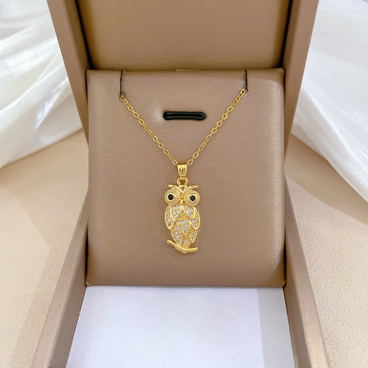 Luxury Owl Pendant Necklace for Women and Men with Full Rhinestone Inlay Titanium Steel Chain Geometric Design Elegant Clavicle Jewelry