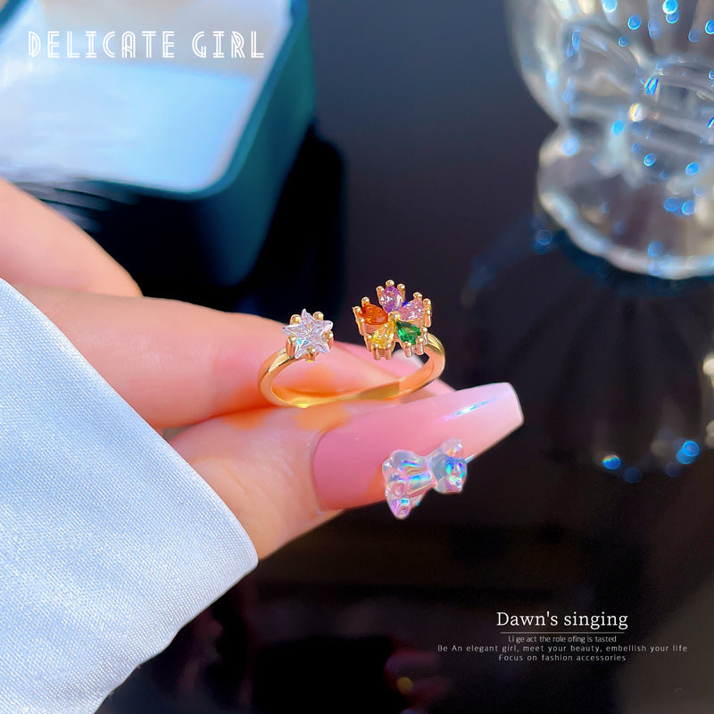 Anello aperto minimalista floreale placcato oro da donna con strass a forma di corona, ideale come regalo di compleanno