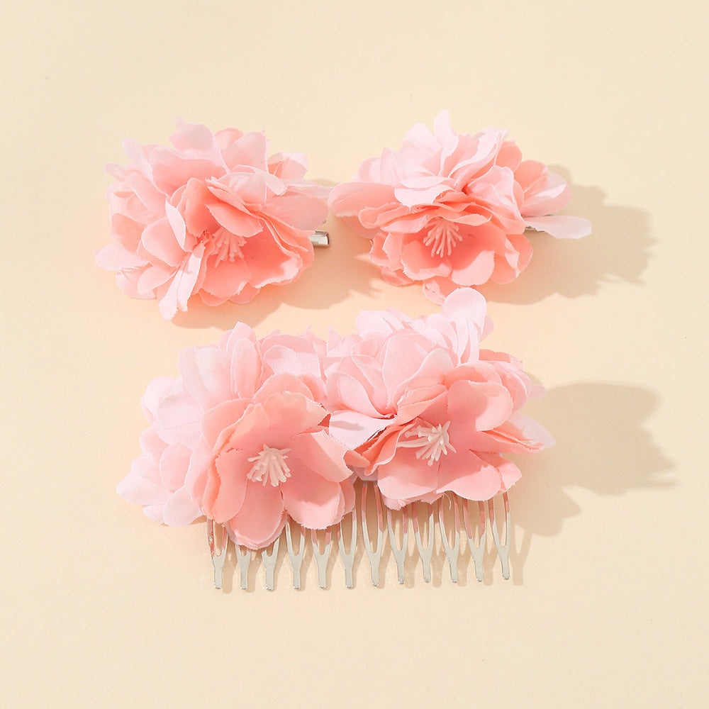 Sweet Vintage-Inspired Floral Hair Comb Set for Children with Fabric Flowers and Ribbon Details