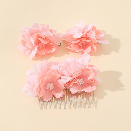 Sweet Vintage-Inspired Floral Hair Comb Set for Children with Fabric Flowers and Ribbon Details