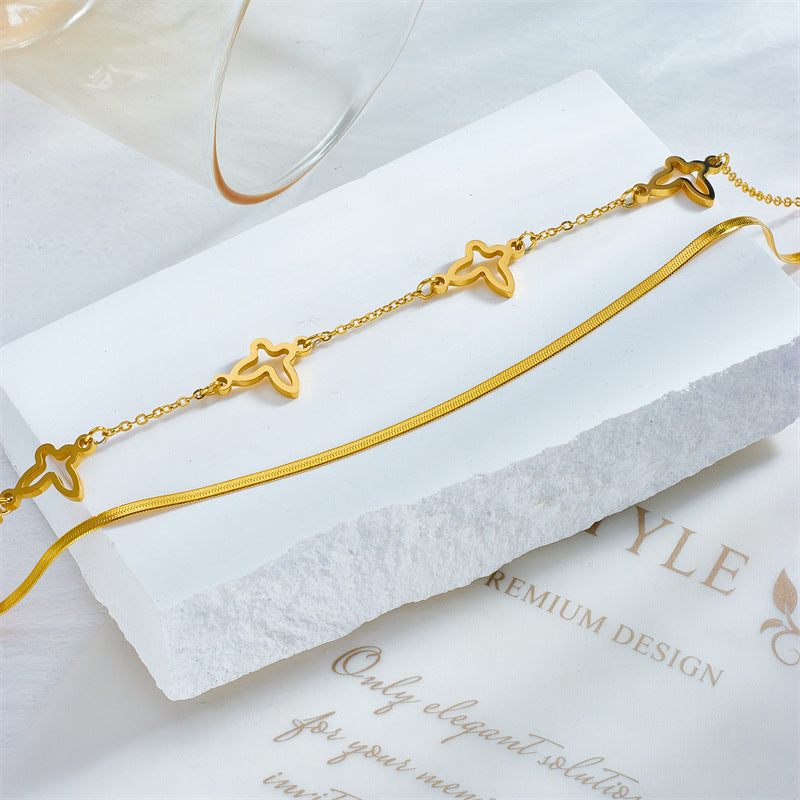 Fashion Minimalist Butterfly-Shaped Hollow Titanium Steel Anklet for Women with Irregular Layered Chain Design