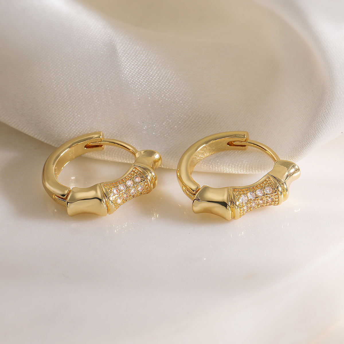 Minimalist Bamboo Joint Shaped Copper Earrings with 18K Gold Plating and Zircon Inlay for Women