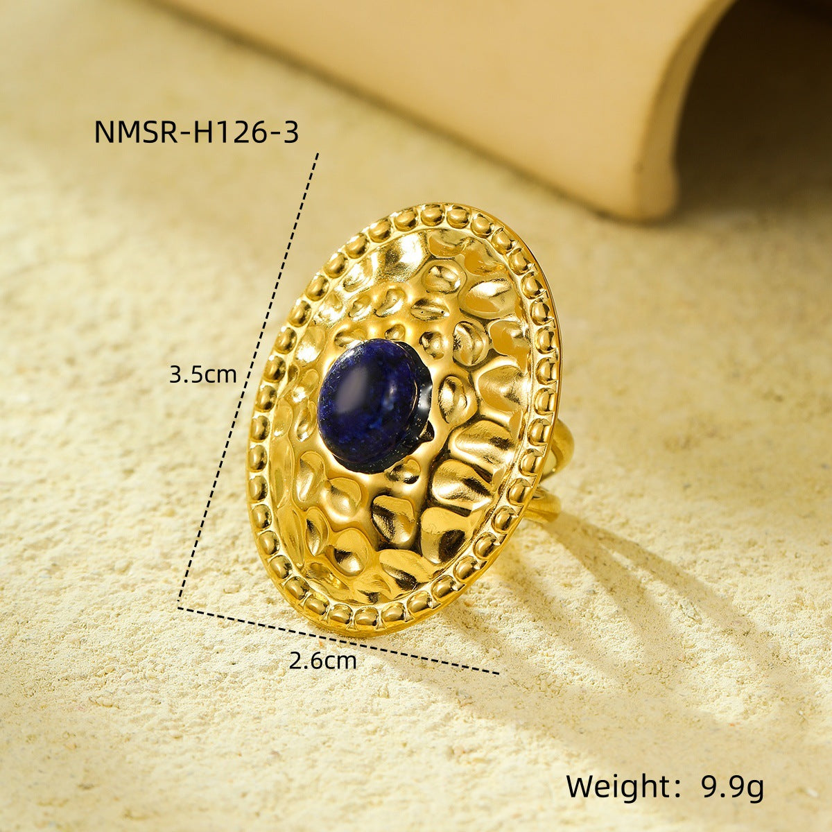 Elegante anillo de acero inoxidable ovalado arrugado estilo vintage francés con incrustaciones de piedra natural para mujer