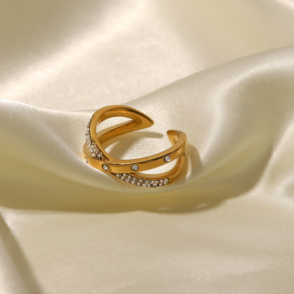 Minimalist French-Inspired Geometric Stainless Steel Ring with 18K Gold Plating, White Rhinestone Inlay, and Adjustable Open Band for Women