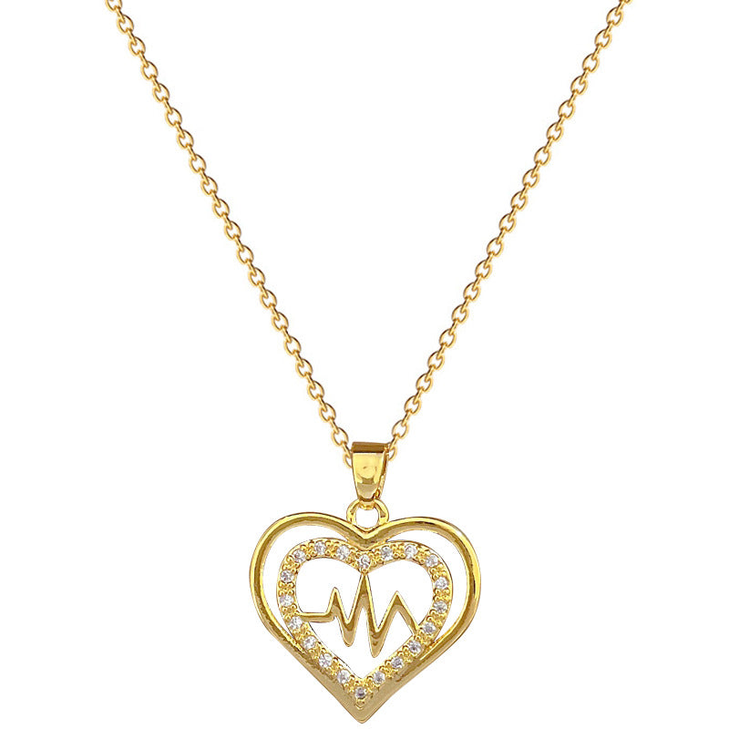Collana Minimalista in Acciaio Inox a Forma di Battito Cardiaco con Ciondolo in Rame e Intarsio di Strass per Donna e Uomo
