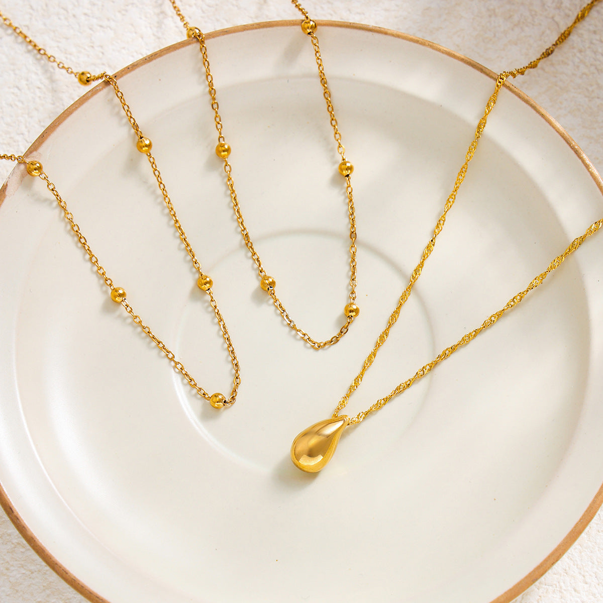 Sweet Punk Geometric Teardrop Stainless Steel 18K Gold Plated Pendant Necklace with Layered Chain for Women