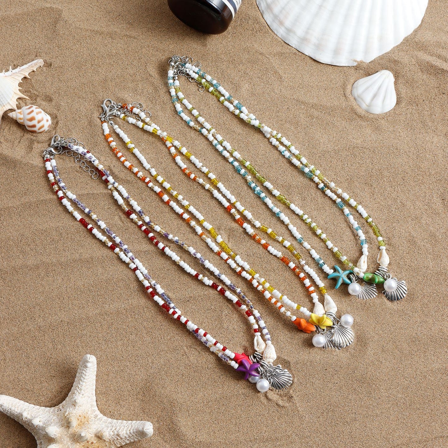 Bohemian Starfish Pendant Necklace for Women with Geometric Seashell Beads and Alloy Plated Clavicle Chain