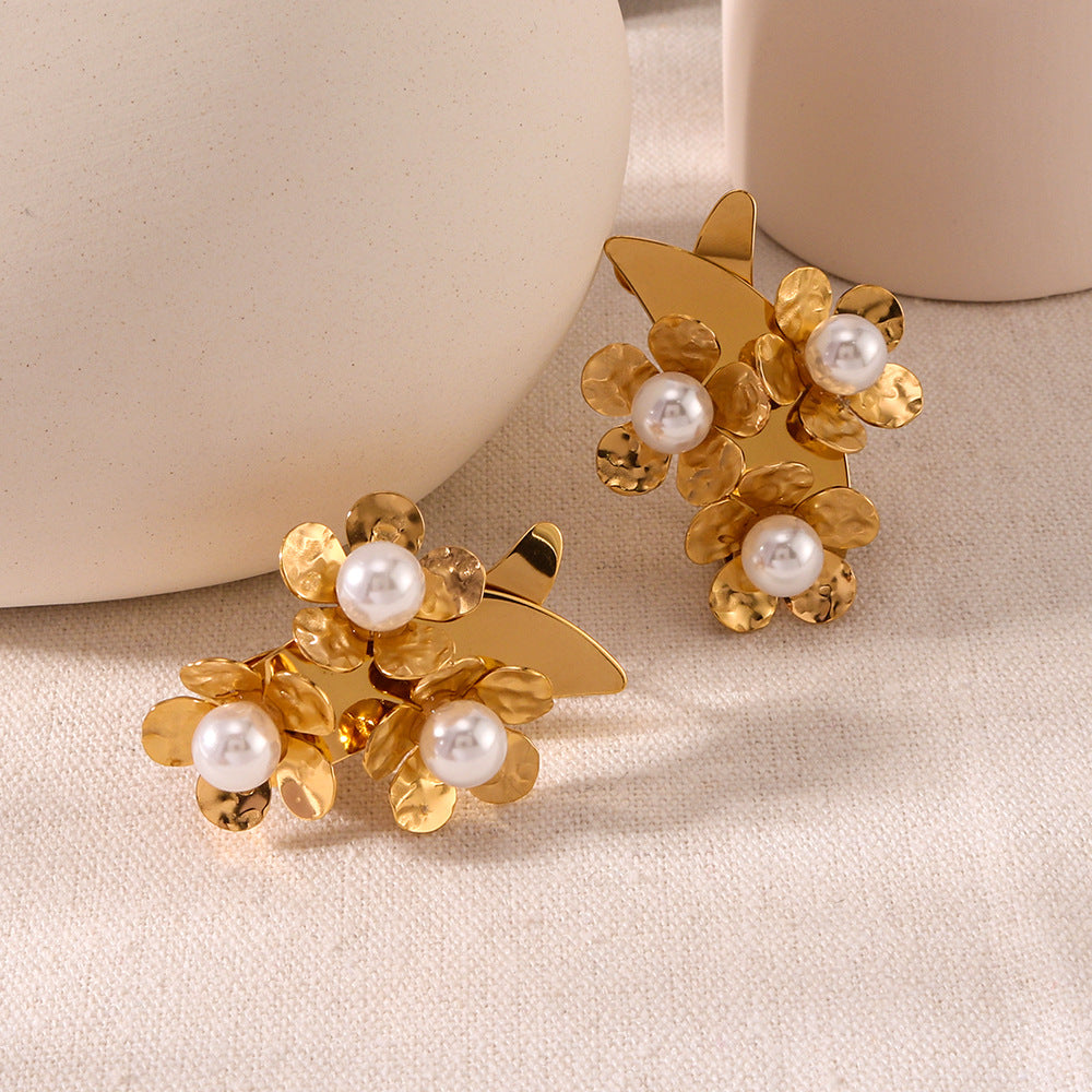 Orecchini da donna minimalisti in acciaio inossidabile con perle a fiore, forma geometrica e placcatura oro
