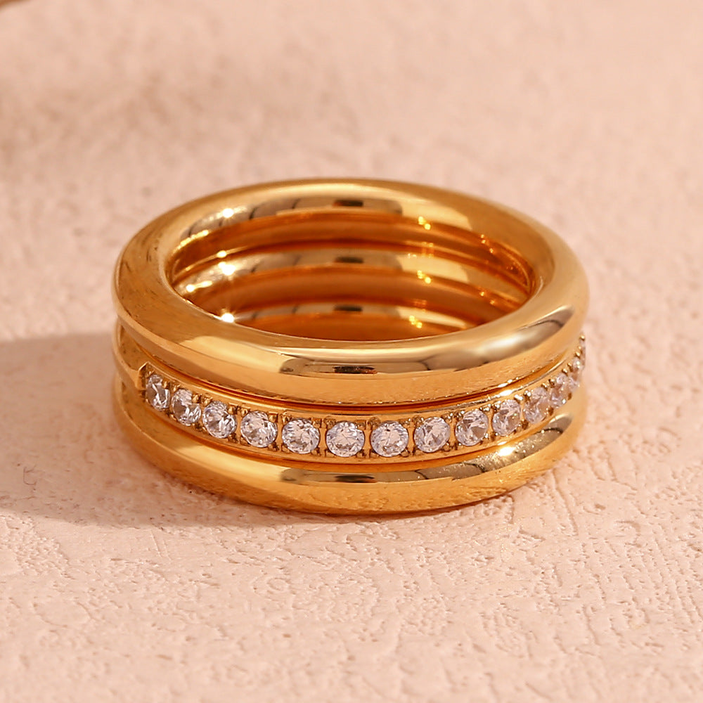 Fashionable Minimalist Geometric Stainless Steel Plated 18K Gold Zircon Ring Set for Women