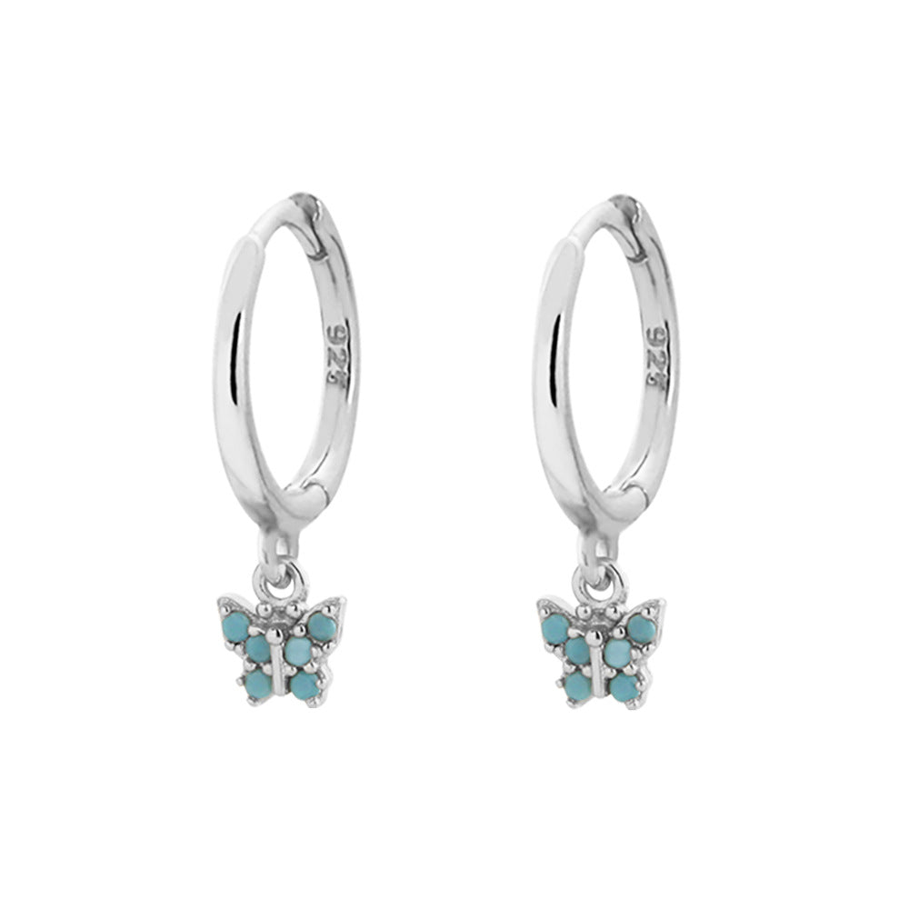 Aretes de aro de lujo para mujer de plata de ley 925, con diseño geométrico floral de mariposa en forma de lágrima y turquesa azul
