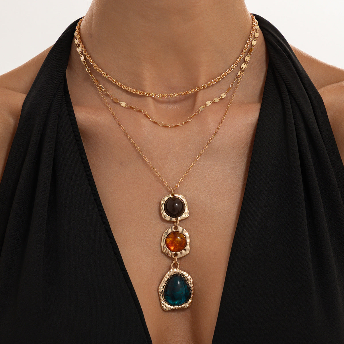 Elegant Geometric Square Resin Gemstone Pendant Necklace Plated Alloy Layered Cable Chain for Women