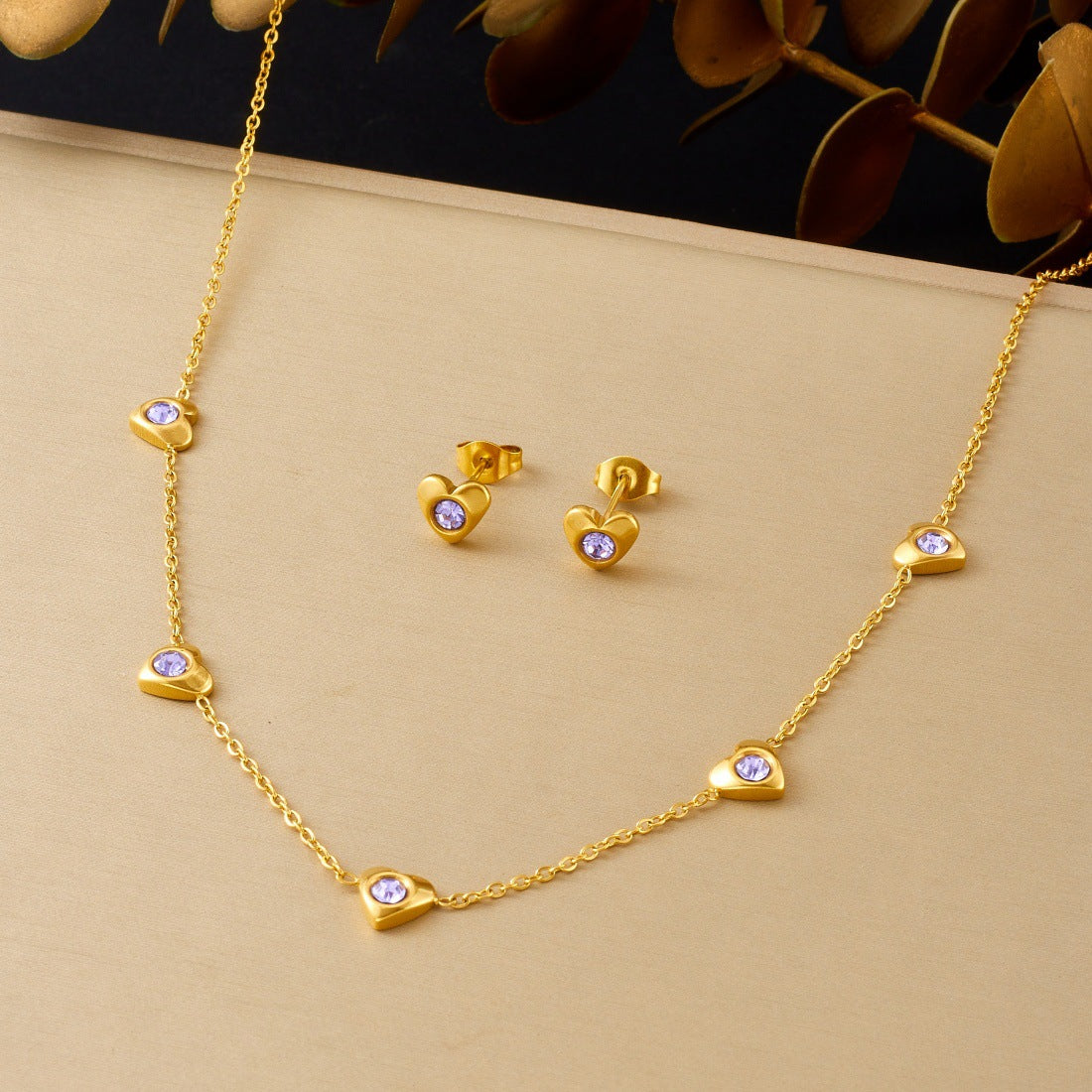 Minimalist Sweet Gold Plated Stainless Steel Heart Teardrop Rhinestone Jewelry Set for Women