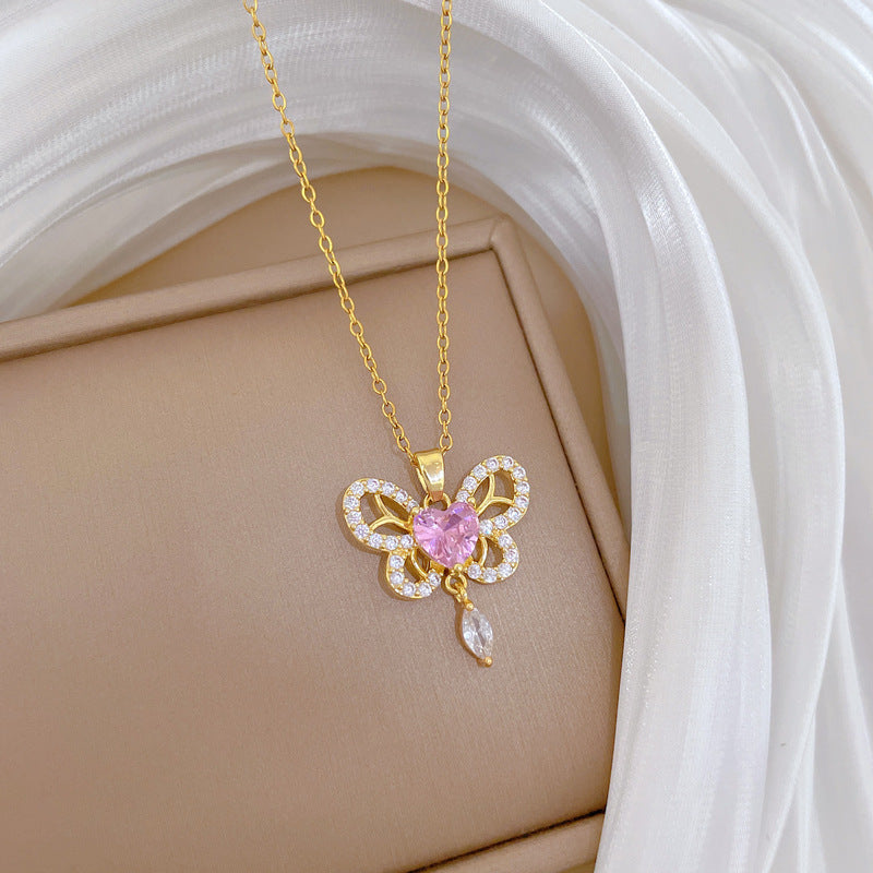 Sweet Elegant Butterfly Hollow Tassel Rhinestone Pendant Necklace Titanium Steel Cable Chain for Women