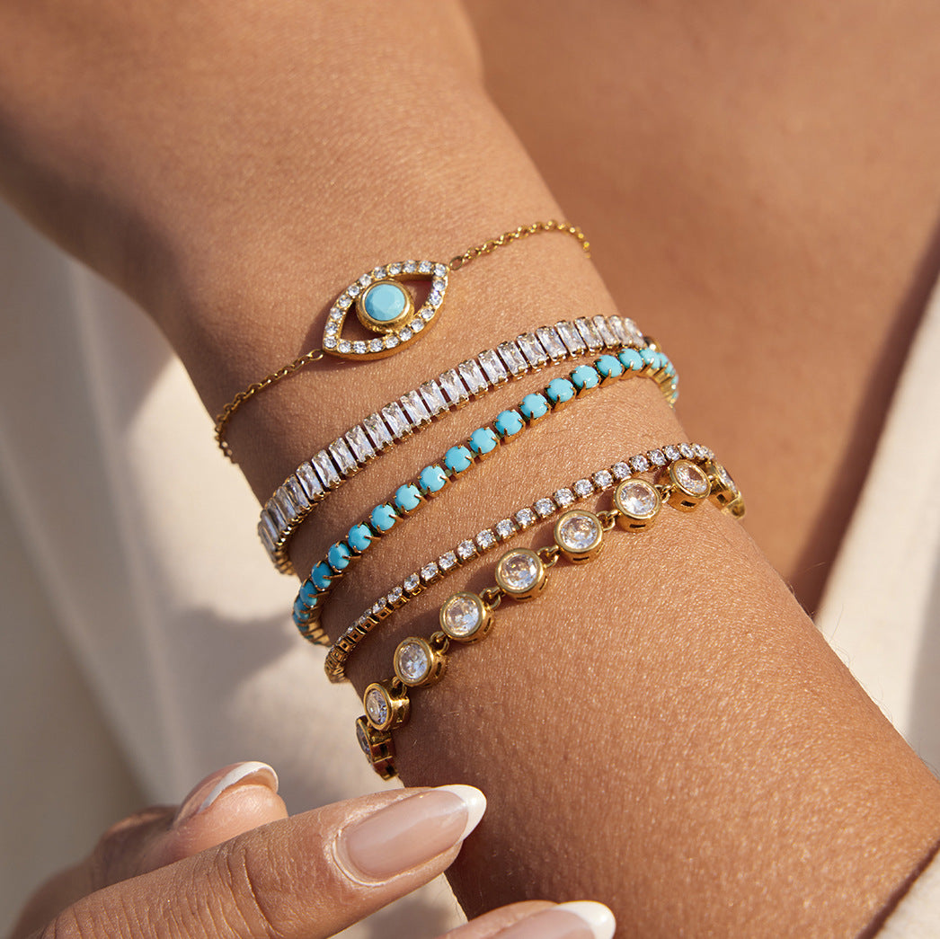 Elegant Geometric Evil Eye Cubic Zirconia Plated Stainless Steel Bracelet for Women