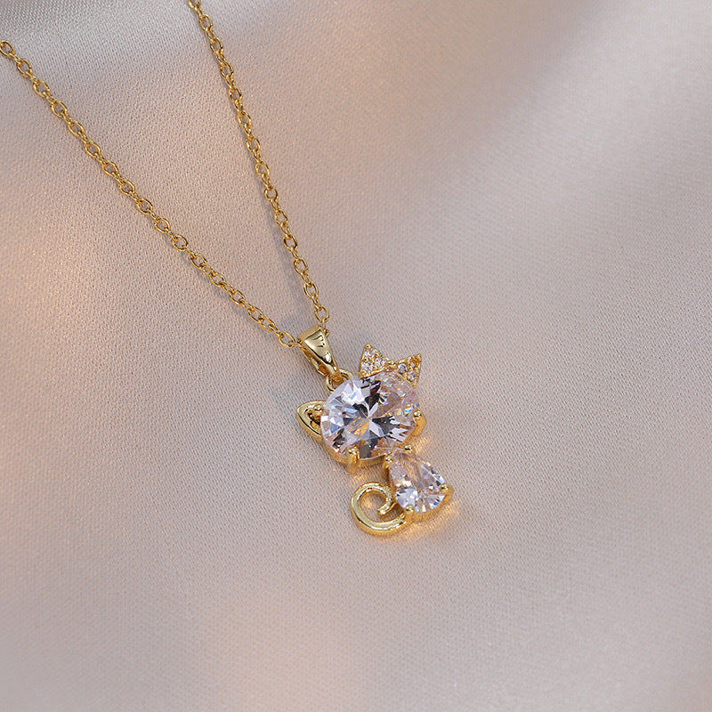 Cute Cat Pendant Necklace for Women in Titanium Steel with Micro-Pavé Rhinestones, O-Chain, Minimalist and Fresh Sweet Style