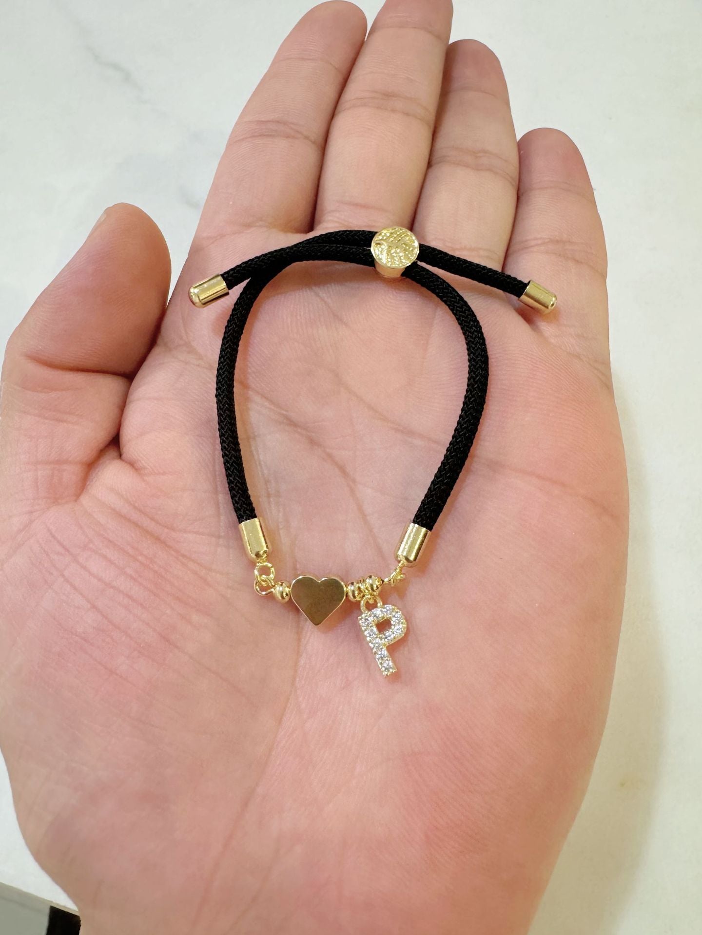 Minimalist Letter Heart Brass Plated Cubic Zirconia Bracelet with Adjustable Black Cord for Women