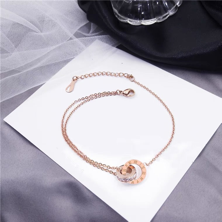 Fashion Double Ring Letter Anklet for Women 18K Rose Gold Plated Titanium Steel Jewelry