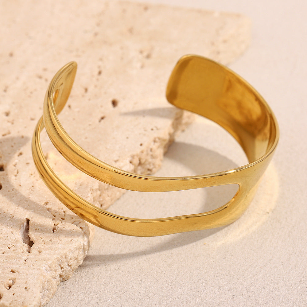 Minimalist Asymmetrical Double-Layer Stainless Steel Bracelet with 18K Gold Plating for Women