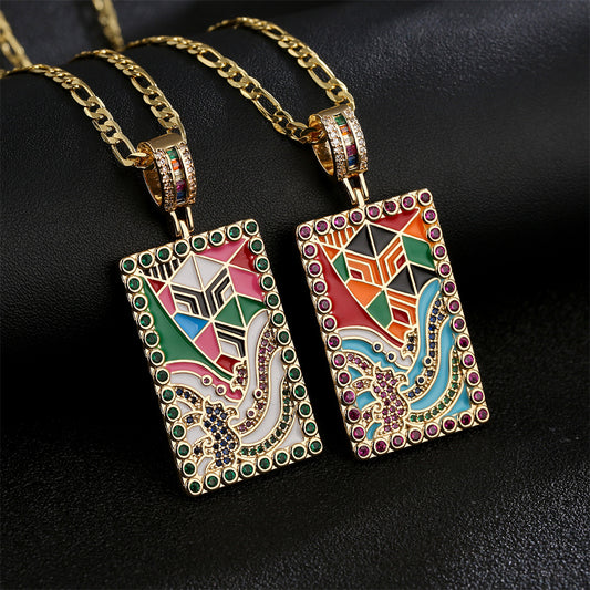 Geometric Oil-Painted Enamel Pendant Necklace for Women in Copper with 18K Gold Plating and Zircon Inlay