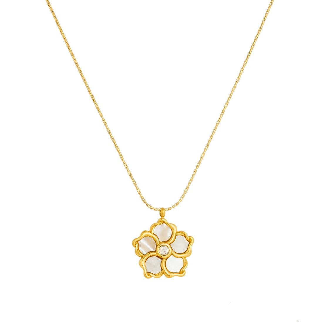 Minimalist Gold Plated Stainless Steel Floral Rhinestone Pendant Necklace for Women