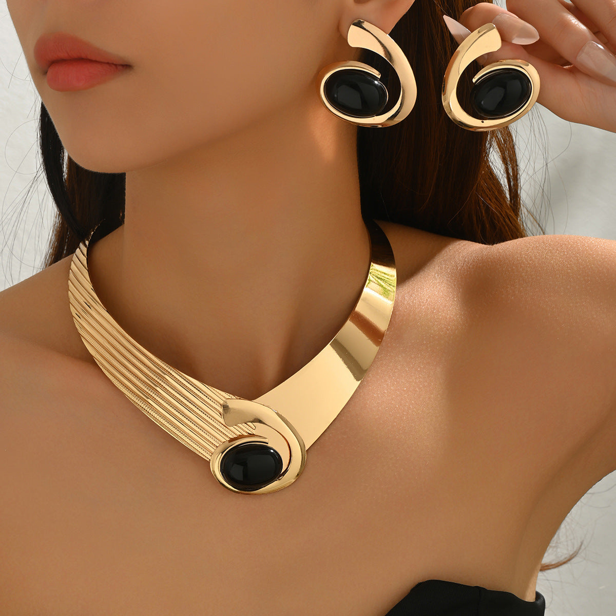 Juego de collar y pendientes de gema incrustada geométrica para mujer, joyería de moda de aleación con motivos circulares de lunares y anillos