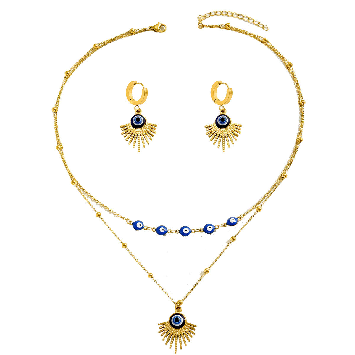 Collar y pendientes de ojo turco de estilo minimalista para viajeros en cobre con acabado esmaltado