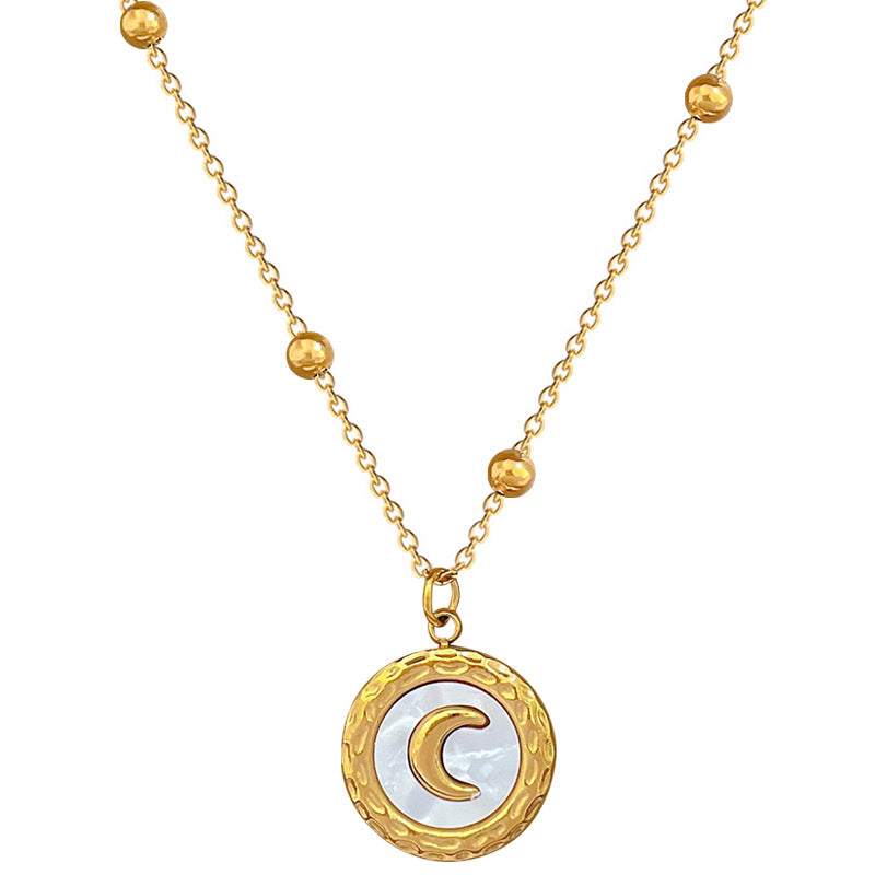 Minimalist Geometric Shell Moon Pendant Necklace in Titanium Steel with Gold Plating for Women and Men