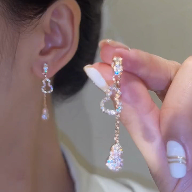 Elegant 925 Sterling Silver Post Micro-Inlaid Cubic Zirconia Gourd Tassel Drop Earrings for Women