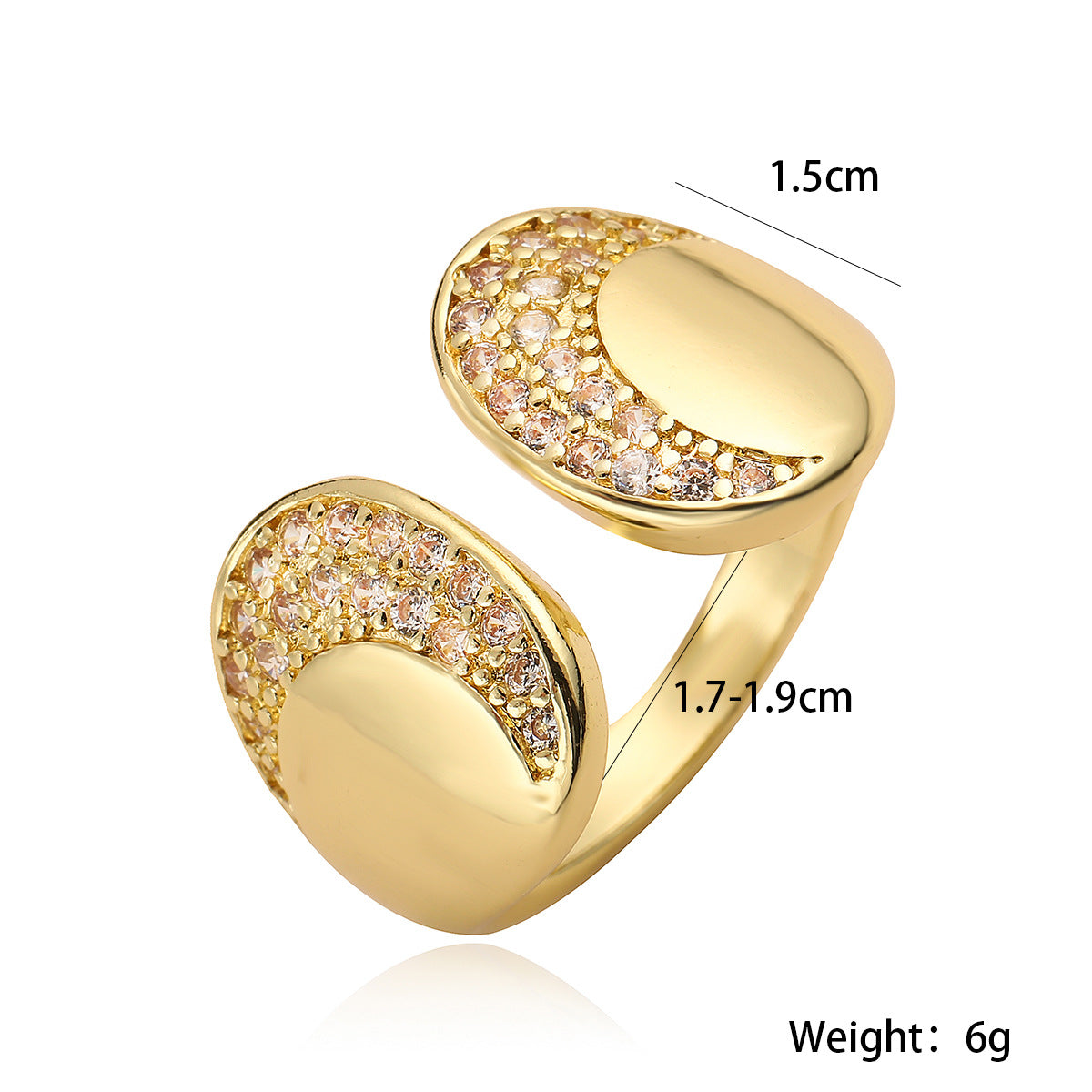 Anello Aperto Geometrico Minimalista da Donna in Rame con Placcatura in Oro 18K e Intarsio di Zirconi