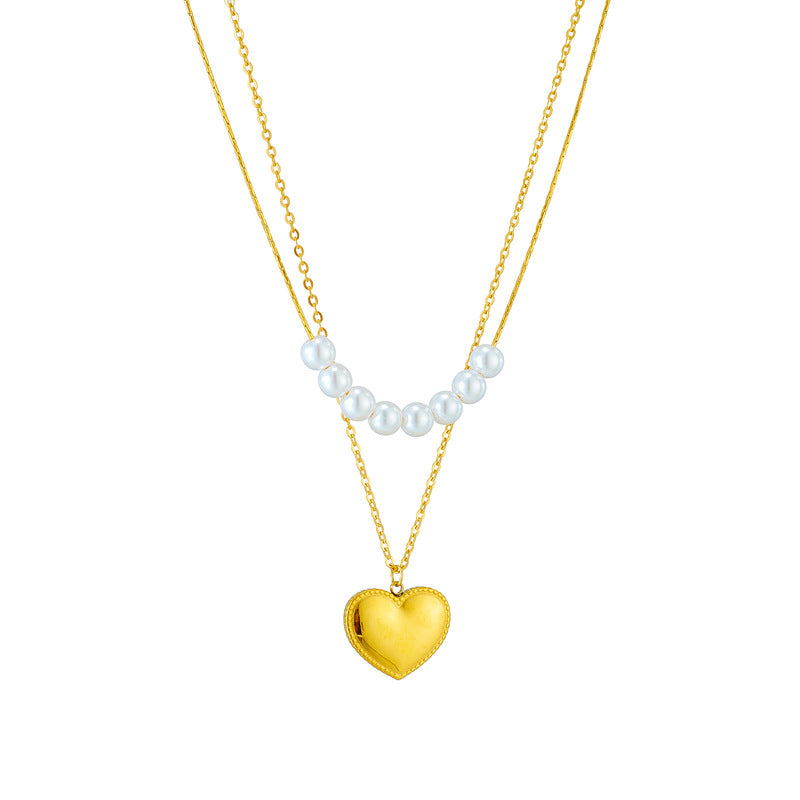Collana Pendente Minimalista a Doppio Strato a Cuore in Acciaio al Titanio con Finitura Placcata per Donne