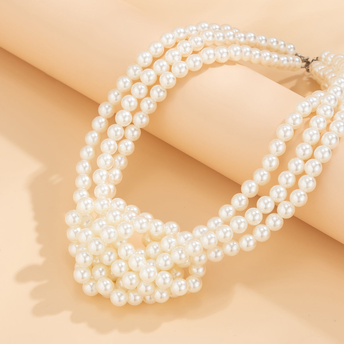 Vintage Style Geometric Knot Multi-Layer Imitation Pearl Necklace for Women with Beaded Ball Chain Choker