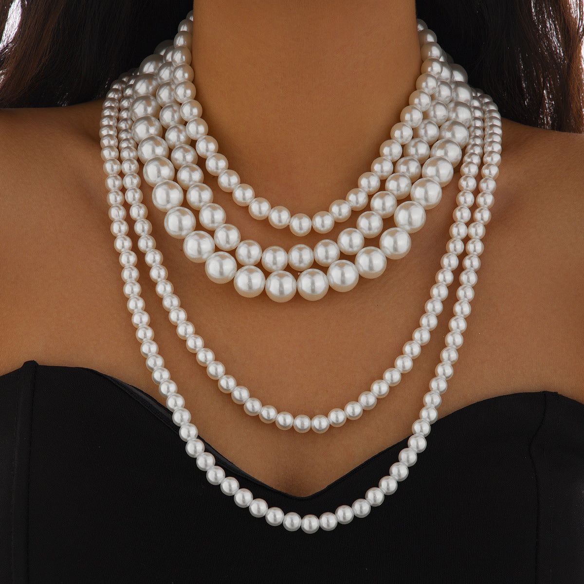 Exaggerated Vintage Geometric Faux Pearl Plated Ball Chain Choker Necklace for Women