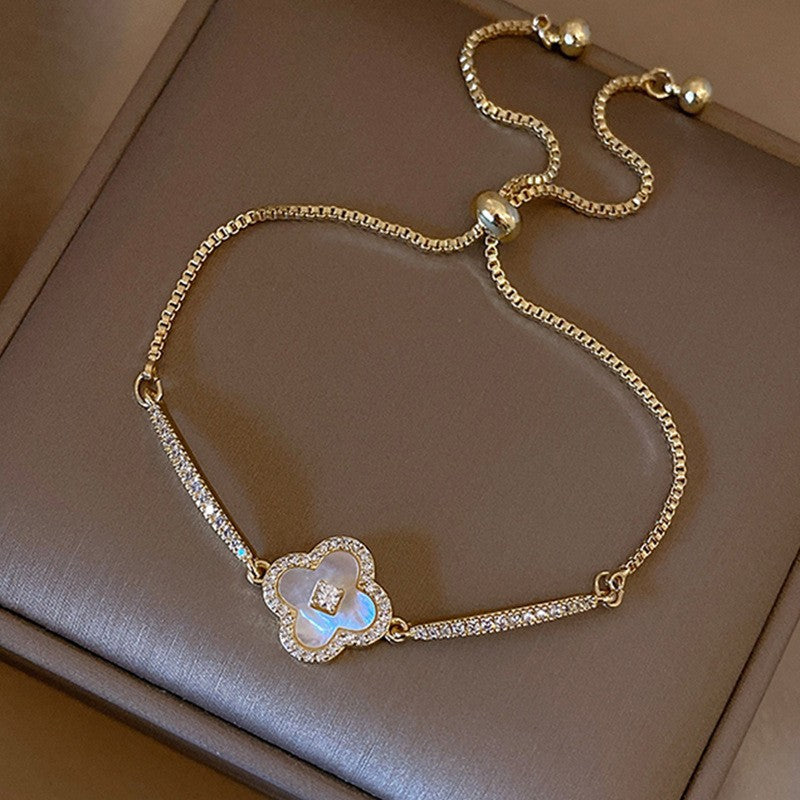 Elegant Geometric Floral Bracelet for Women in Plated Copper with Rhinestone Accents, Minimalist Office Style Hand Jewelry