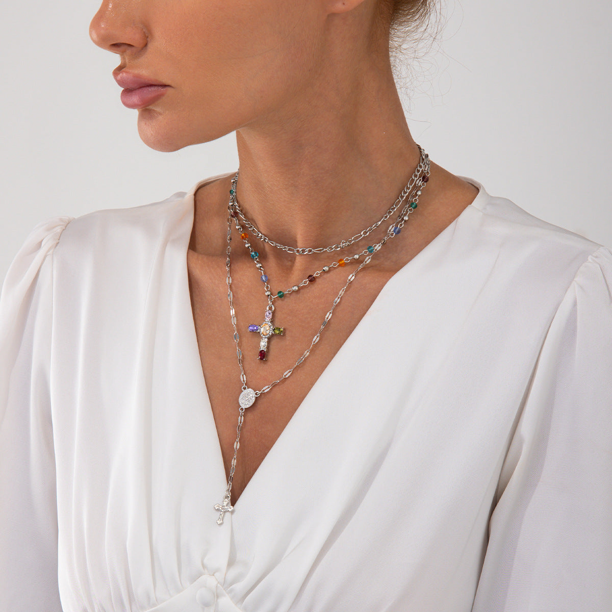Collana pendente a croce minimalista in metallo con finitura placcata per donna, delicata catena clavicola gioielli