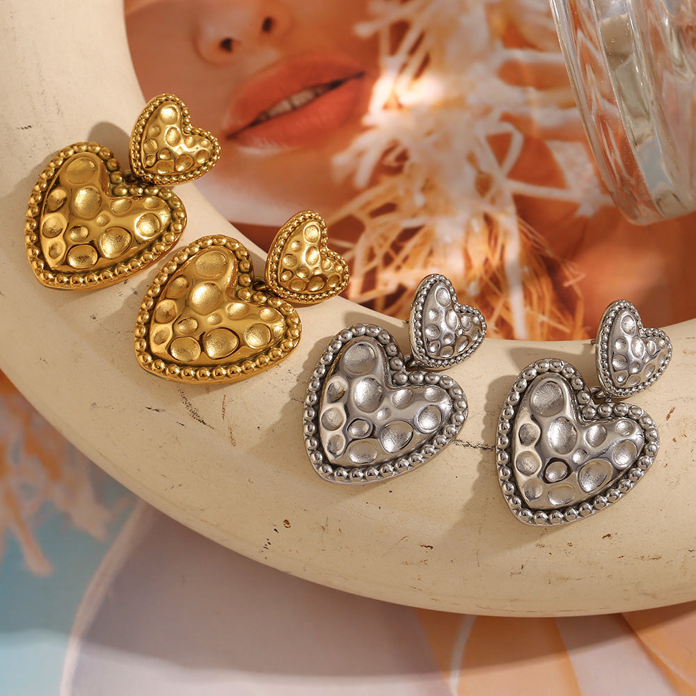 Vintage Fashion Heart-Shaped Earrings in 316L Stainless Steel with 18K Gold Plating and Meteorite Texture