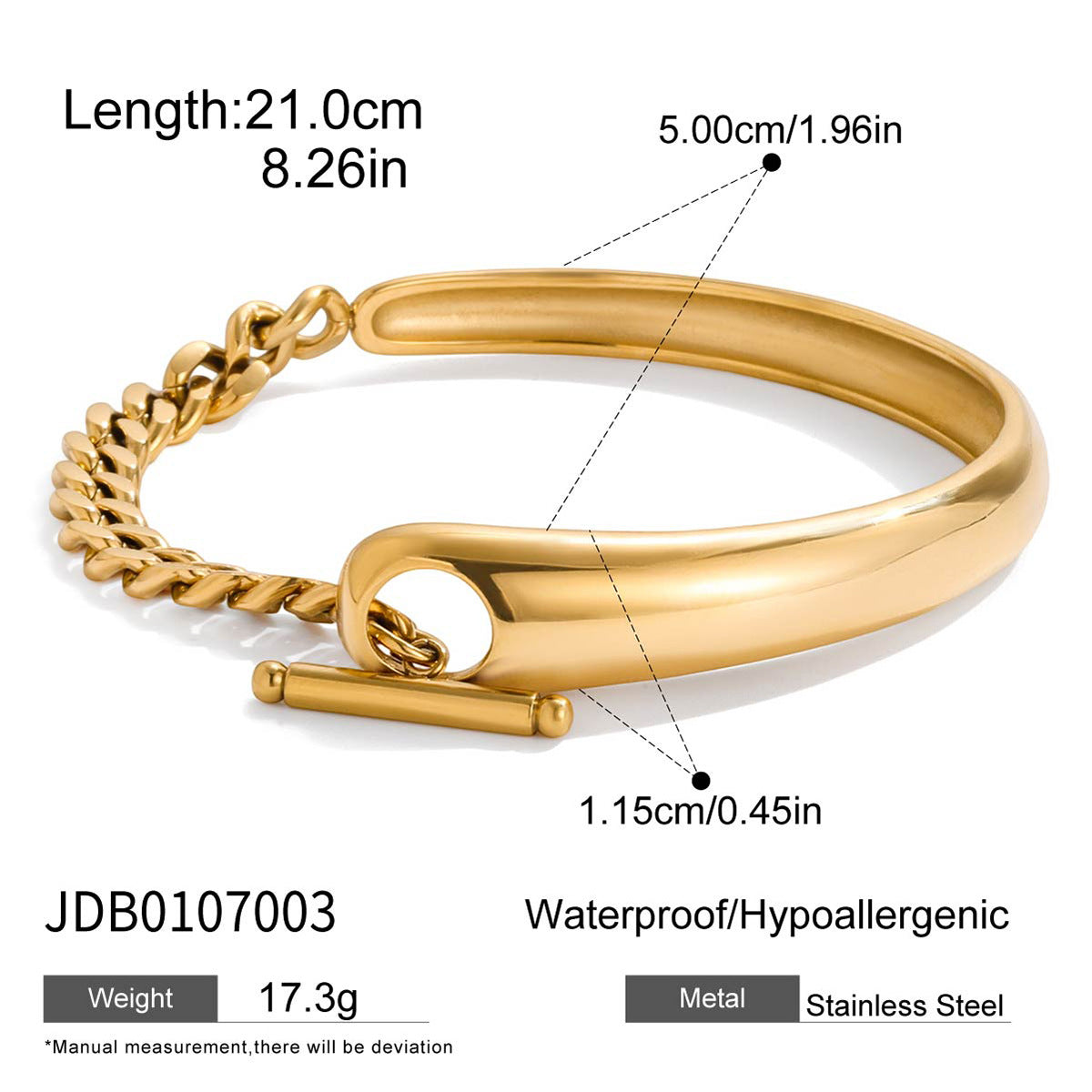 Bracciale asimmetrico a mezza catena minimalista con chiusura a T in acciaio inossidabile con finitura placcata da donna