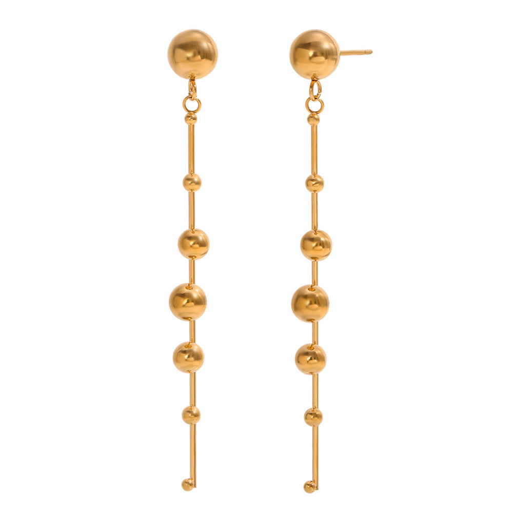 Fashionable Geometric Stainless Steel Earrings with 18K Gold Plating, Beaded Tassel Studs for Women