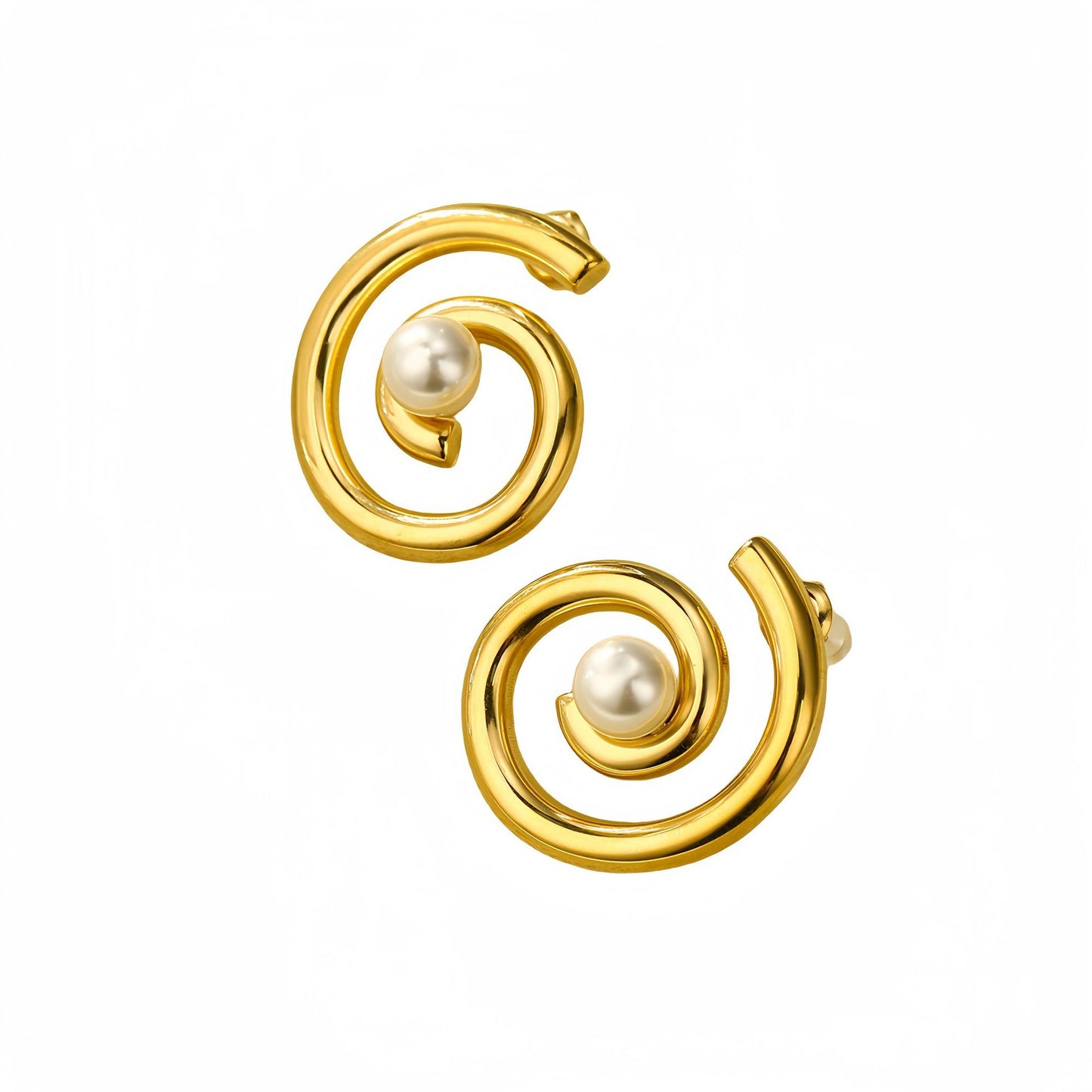 Orecchini a perno a spirale in acciaio inossidabile placcato oro 18 carati con perle, stile minimalista, da donna