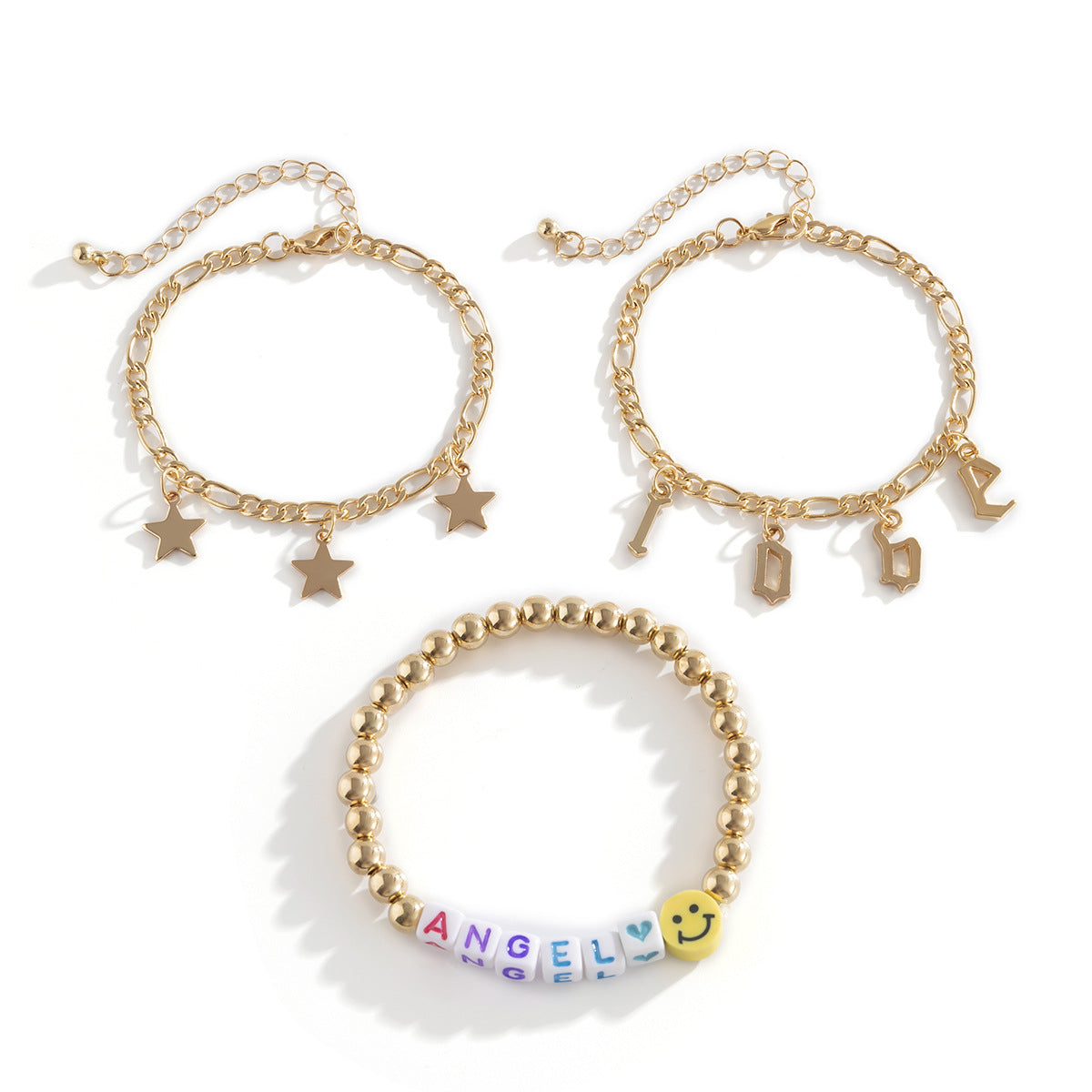 Minimalist Star Geometric Letter Tassel Charm Stretch Bracelet for Women with Heart and Bear Accents